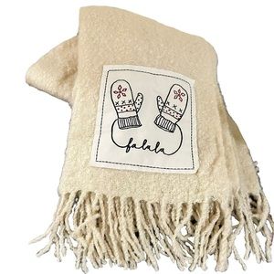 Rae Dunn Faux Mohair Throw Blanket Cream White Mitten Patch Fa La La NEW